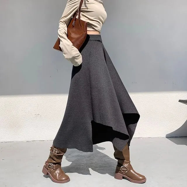 High Waist Plain Asymmetrical Knit Midi A-Line Skirt