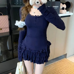 Long-Sleeve Scoop Neck Plain Lace Ruffle Trim Mini Bodycon Dress