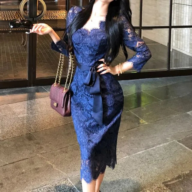 Long-Sleeve V-Neck Tie Waist Lace Midi Sheath Dress