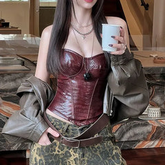 Plain Crocodile Grain Faux Leather Tube Bustier Top