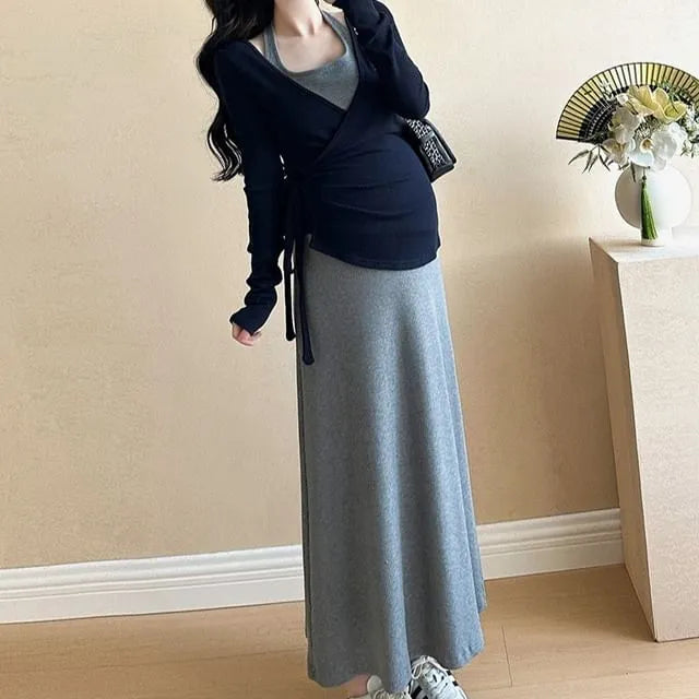 Maternity Set: Halter Neck Plain Knit Midi Dress + V-Neck Plain Knit Top