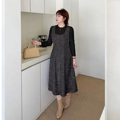 [XL-4XL] Set: Long-Sleeve Crew Neck Plain Tee + Scoop Neck Button-Up Midi A-Line Dungaree Dress