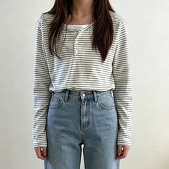 Mock Two-Piece Long-Sleeve Henley Striped T-Shirt