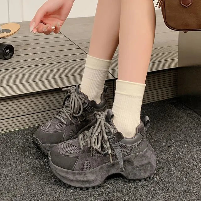 Platform Mesh Panel Lace-Up Faux Suede Sneakers