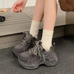 Platform Mesh Panel Lace-Up Faux Suede Sneakers