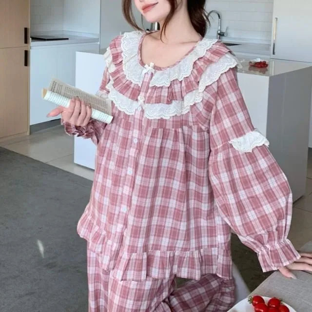 Pajama Set: Long-Sleeve Crew Neck Plaid Lace Panel Ruffle Trim Button-Up Top + Pants