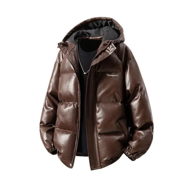 Hooded Plain Faux Leather Puffer Jacket