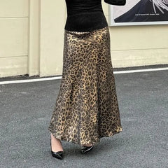 Plus Size High Waist Leopard Print Maxi A-Line Skirt
