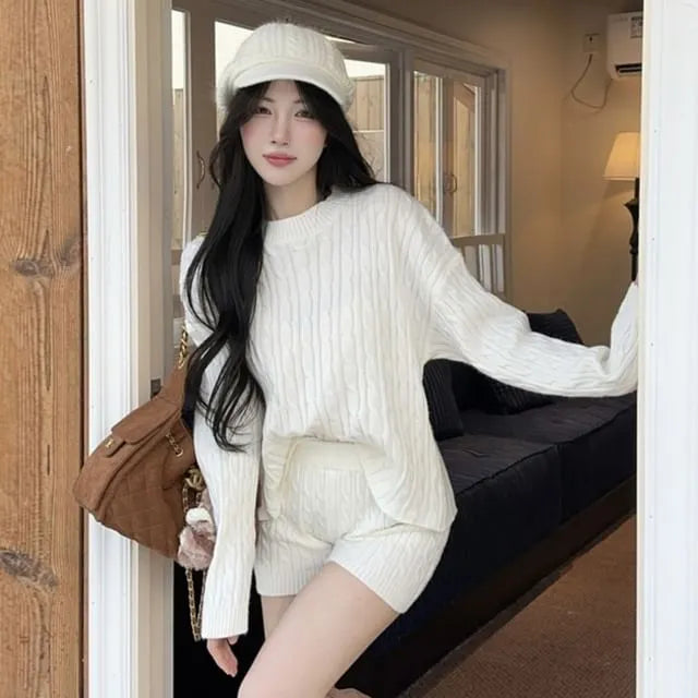 Set: Round Neck Plain Cable Knit Sweater + High Waist Knit Shorts