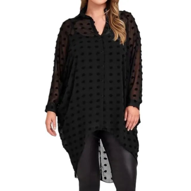 Long-Sleeve V-Neck Dotted Mesh High Low Tunic Blouse