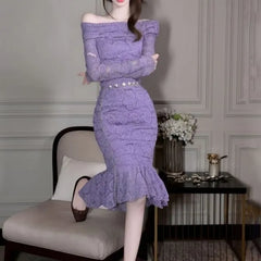 Long-Sleeve Off-Shoulder Lace Mermaid Dress