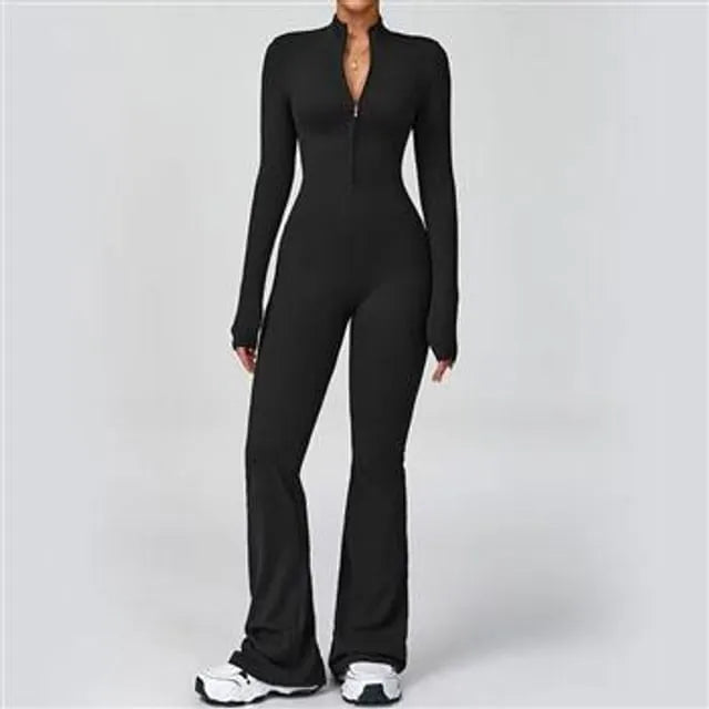 Long-Sleeve Half-Zip Plain Flared Yoga Jumpsuit