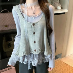 Long Sleeve Scoop Neck Plain Ruffle Panel Lace Top / Plain Button Sweater Vest