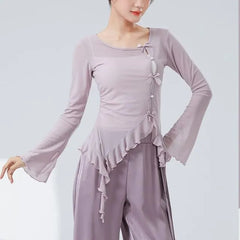 Long-Sleeve Round Neck Plain Ruffle Trim Dance Top