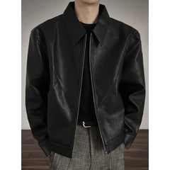 Collared Plain Faux Leather Zip Jacket