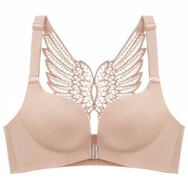 [90A - 120E] Plus Size Lace Panel Front Closure Wireless Bra