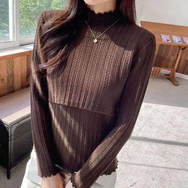 Maternity Long-Sleeve Mock Neck Plain Lettuce Edge Nursing Knit Top