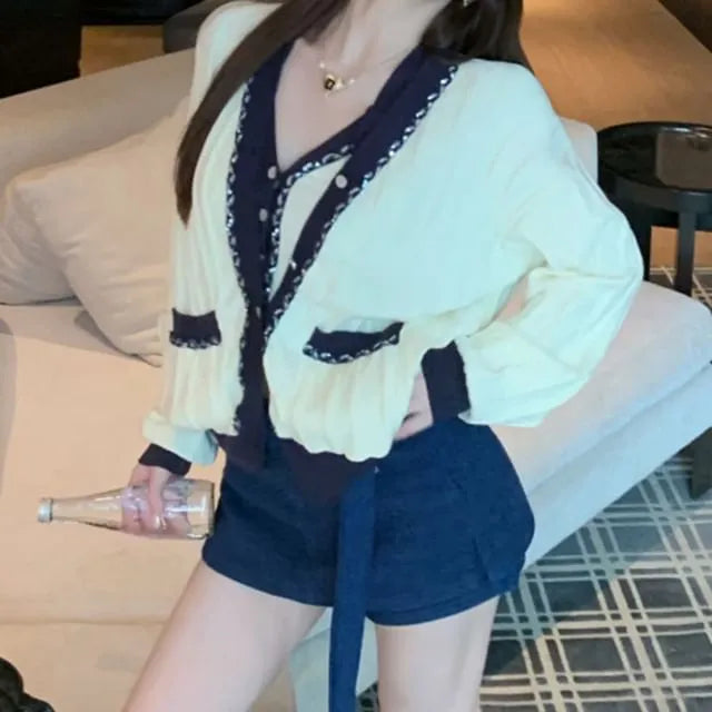 V-Neck Contrast Trim Buckled Button-Up Knit Crop Camisole Top / High Rise Plain Mini Pencil Skirt / Cardigan