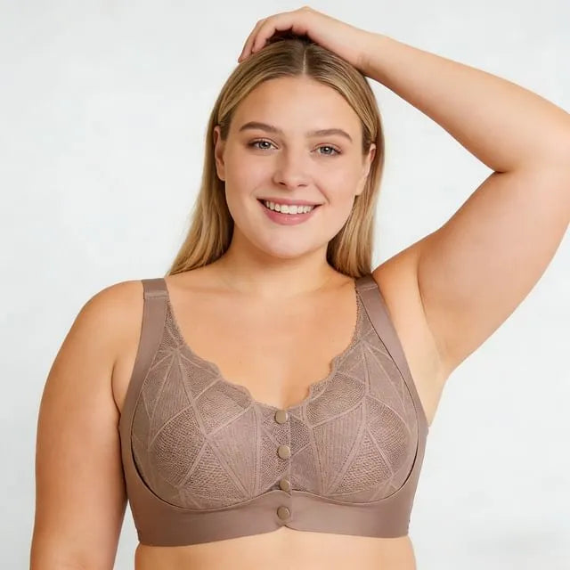 [90B - 110D] Plus Size Lace Panel Button-Up Wireless Bra