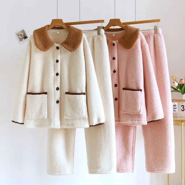 Couple Matching Pajama Set: Collared Fleece Jacket + Pants