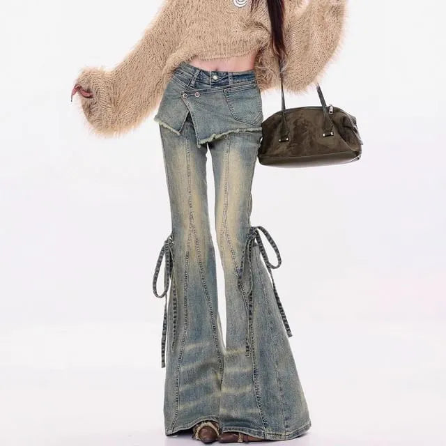 Mid Waist Washed Frayed Skirt Overlay Bell Bottom Jeans