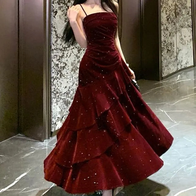 Spaghetti Strap Plain Glitter Tiered Velvet A-Line Evening Dress
