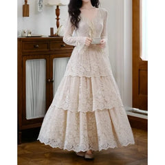 Long-Sleeve V-Neck Lace Maxi A-Line Tiered Dress