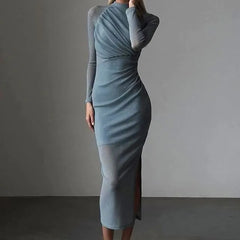 Long-Sleeve Mock Neck Glitter Ruched Midi Sheath Dress