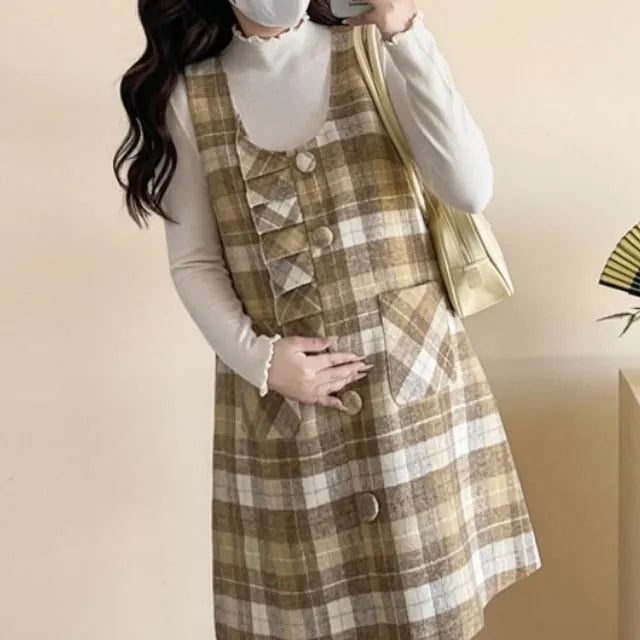 Maternity Set: Long-Sleeve Plain Top + Sleeveless Plaid A-Line Dress