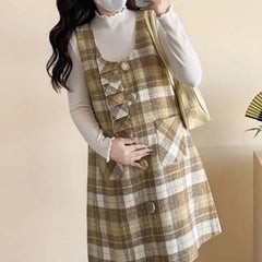 Maternity Set: Long-Sleeve Plain Top + Sleeveless Plaid A-Line Dress