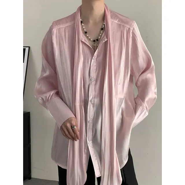 Long-Sleeve Scarf Neck Button-Up Plain Shirt