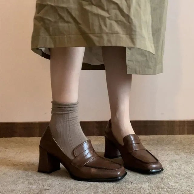 Square Toe Block Heel Loafer Pumps