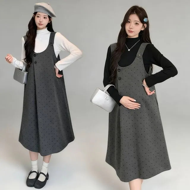Maternity Long Sleeve Mock Neck Plain Top / Dotted Midi A-Line Overall Dress / Set
