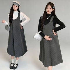 Maternity Long Sleeve Mock Neck Plain Top / Dotted Midi A-Line Overall Dress / Set