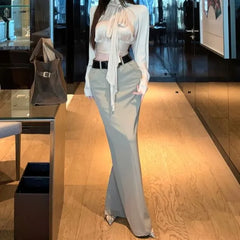 Long Sleeve Stand Collar Plain Tie-Up Crop Blouse / High Waist Plain Maxi Pencil Skirt / Belt / Set