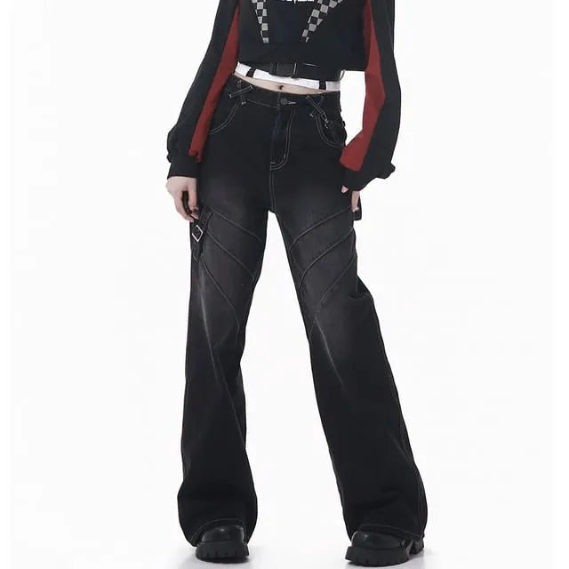 Mid Rise Washed Buckled Wide Leg Jeans