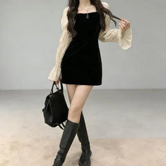 Flare-Sleeve Square Neck Two Tone Mini Bodycon Dress