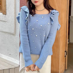 [XL-4XL] Long-Sleeve Square Neck Beaded Plain Knit Top