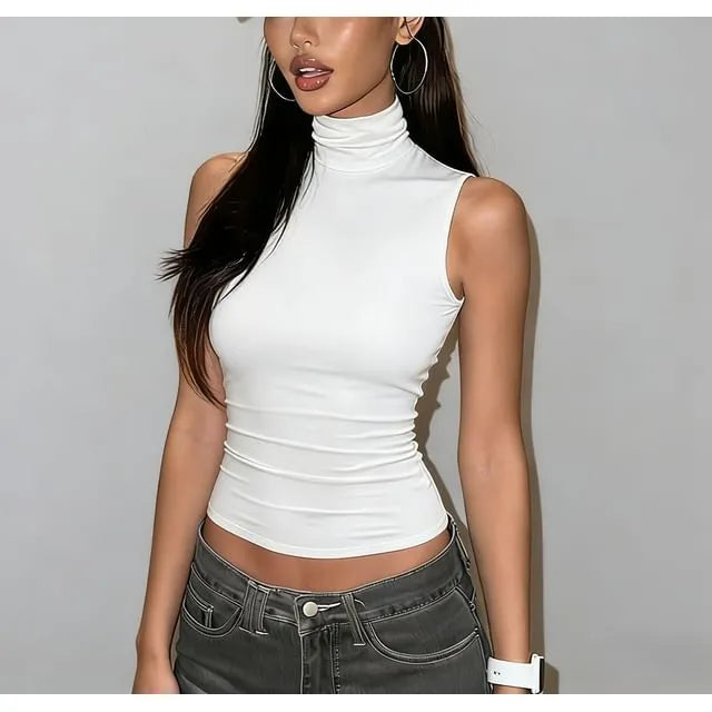 Mock Neck Plain Open-Back Slim-Fit Crop Tank Top