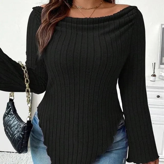 [XL -3XL] Long-Sleeve Boatneck Asymmetrical Plain Top