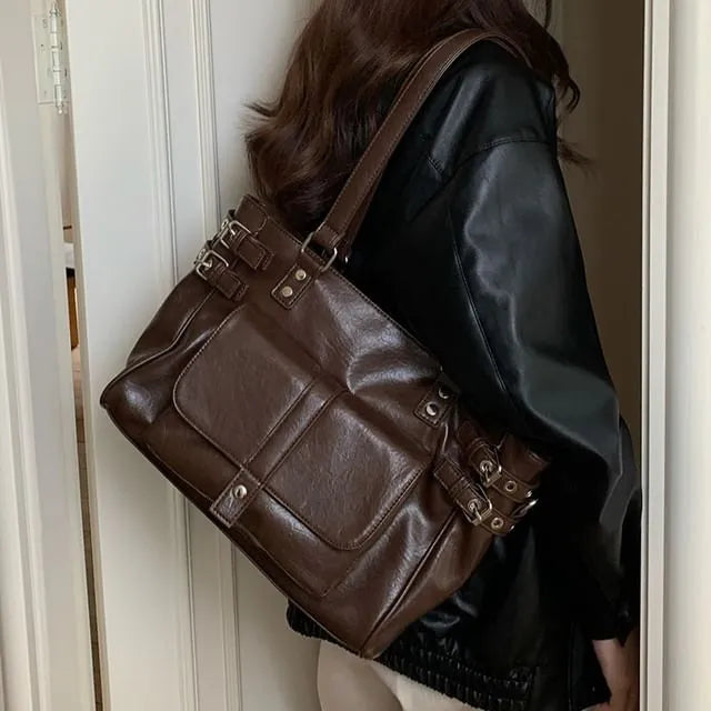 Buckled Multi-Pocket Faux Leather Tote Bag