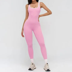 Sleeveless Scoop Neck Contrast Trim Open Back Sports Jumpsuit