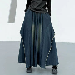 Elastic Waist Washed Frayed Slit Denim Culottes