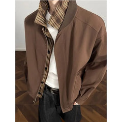 Mock Two-Piece Collared Plaid Panel Zip-Up Jacket