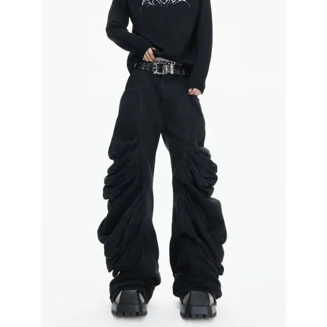 Details Shirred Straight-Cut Jeans
