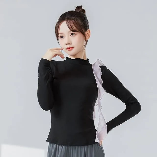 Long-Sleeve Mock Neck Plain Lettuce Edge Ruffle Dance Top