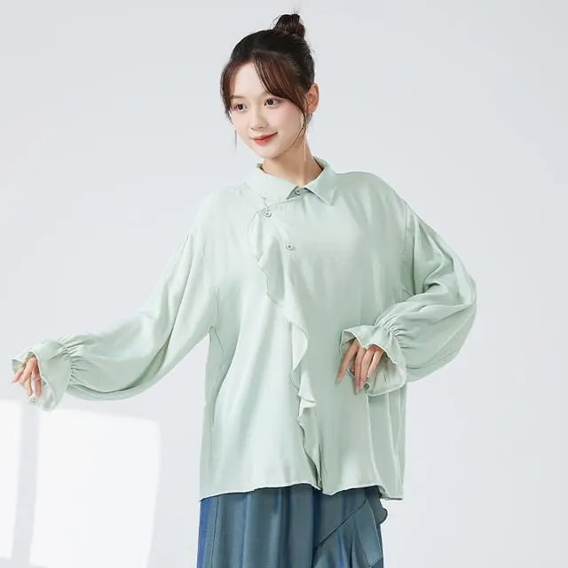 Long-Sleeve Plain Ruffle Asymmetrical Dance Top