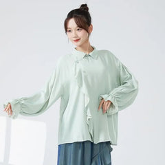 Long-Sleeve Plain Ruffle Asymmetrical Dance Top