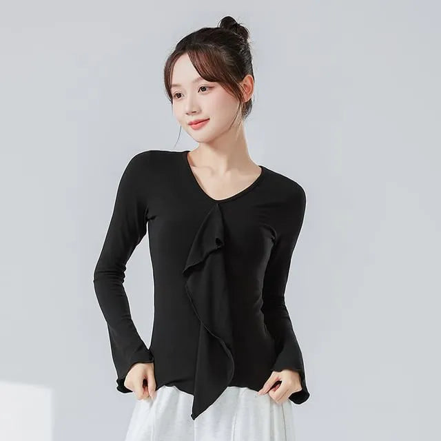 Long-Sleeve V-Neck Plain Ruffle Asymmetrical Dance Top