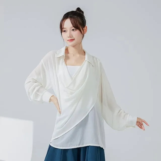 Long-Sleeve Cowl Neck Plain Asymmetrical Dance Top